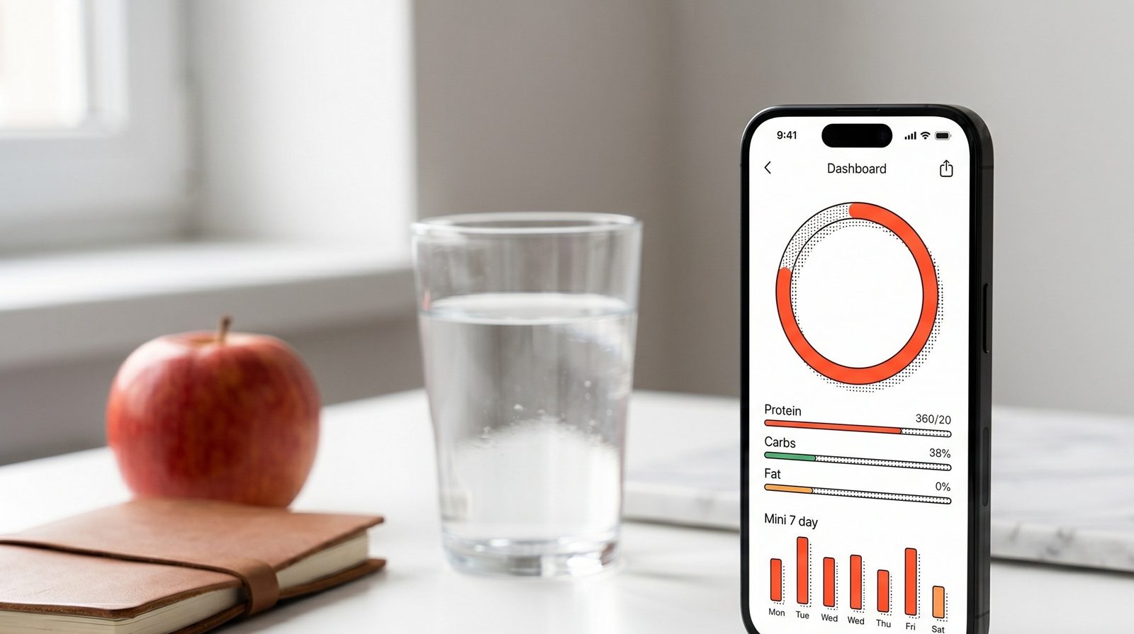 iPhone showing a Spotwell macro dashboard with calorie ring and protein, carb and fat bars