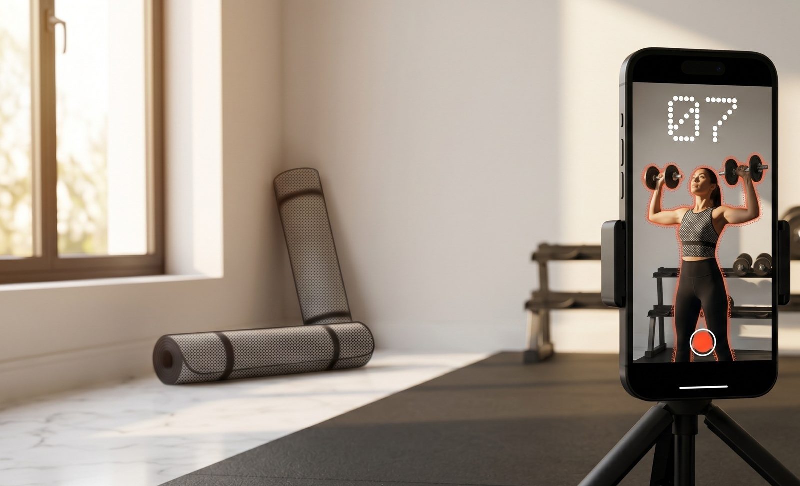 iPhone on a tripod tracking a person doing dumbbell shoulder presses with an AI rep counter