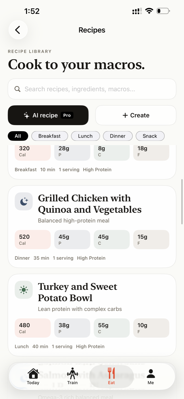 Spotwell recipe library — 'Cook to your macros' — with AI recipe, Create, and category filters for breakfast, lunch, dinner, and snack